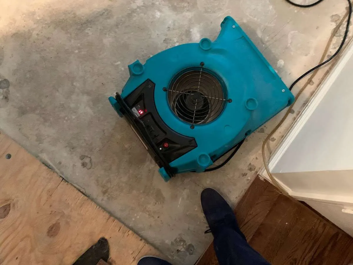 Air mover drying subfloor during Commercial Water Damage Restoration in Cherry Creek
